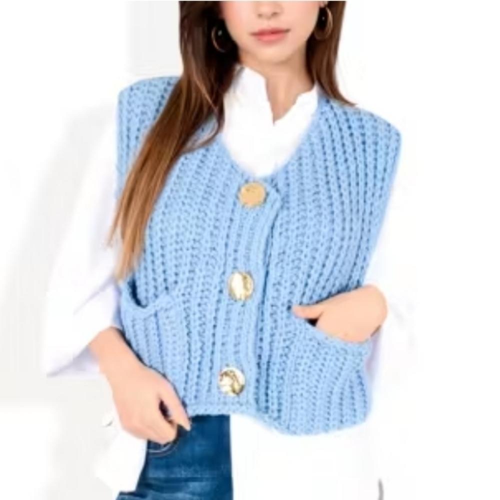 Chunky Knit Cropped Sweater Vest Light Blue Button‎ Front Size Small